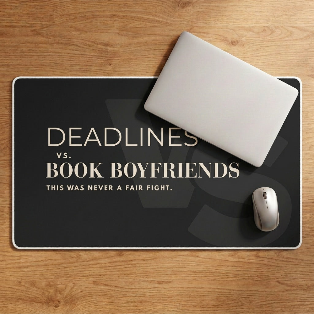 A rectangular desk mat with a humorous quote reading 'DEADLINES vs. BOOK BOYFRIENDS THIS WAS NEVER A FAIR FIGHT. Dark gray background with cream text. A closed laptop and mouse are on the mat.