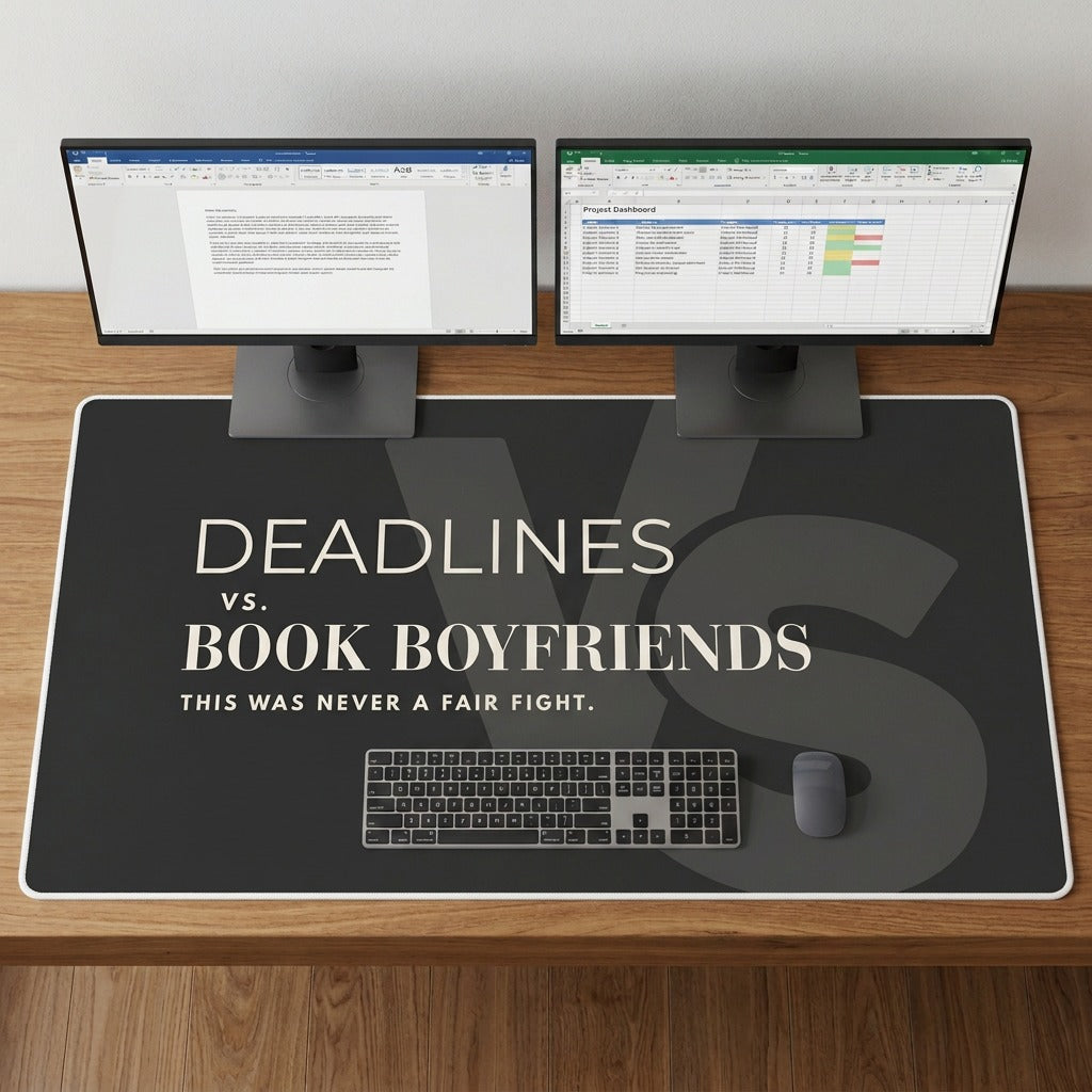 A large charcoal desk mat with the text 'DEADLINES vs. BOOK BOYFRIENDS' and 'THIS WAS NEVER A FAIR FIGHT in cream text.
