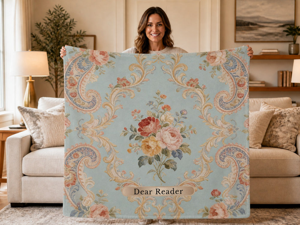 Woman holding a Regency-inspired sweatshirt blanket featuring vintage floral artwork, ornate scrollwork, and the phrase "Dear Reader." Elegant reading blanket in soft French blue designed for romance readers, historical romance fans, and book lovers.