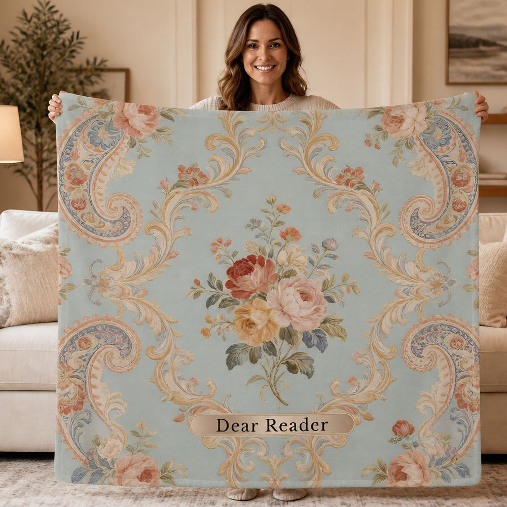 Woman holding a Regency-inspired sweatshirt blanket featuring vintage floral artwork and ornate Victorian-style detailing. Cozy reading blanket for historical romance readers, Jane Austen fans, and lovers of classic romance novels.
