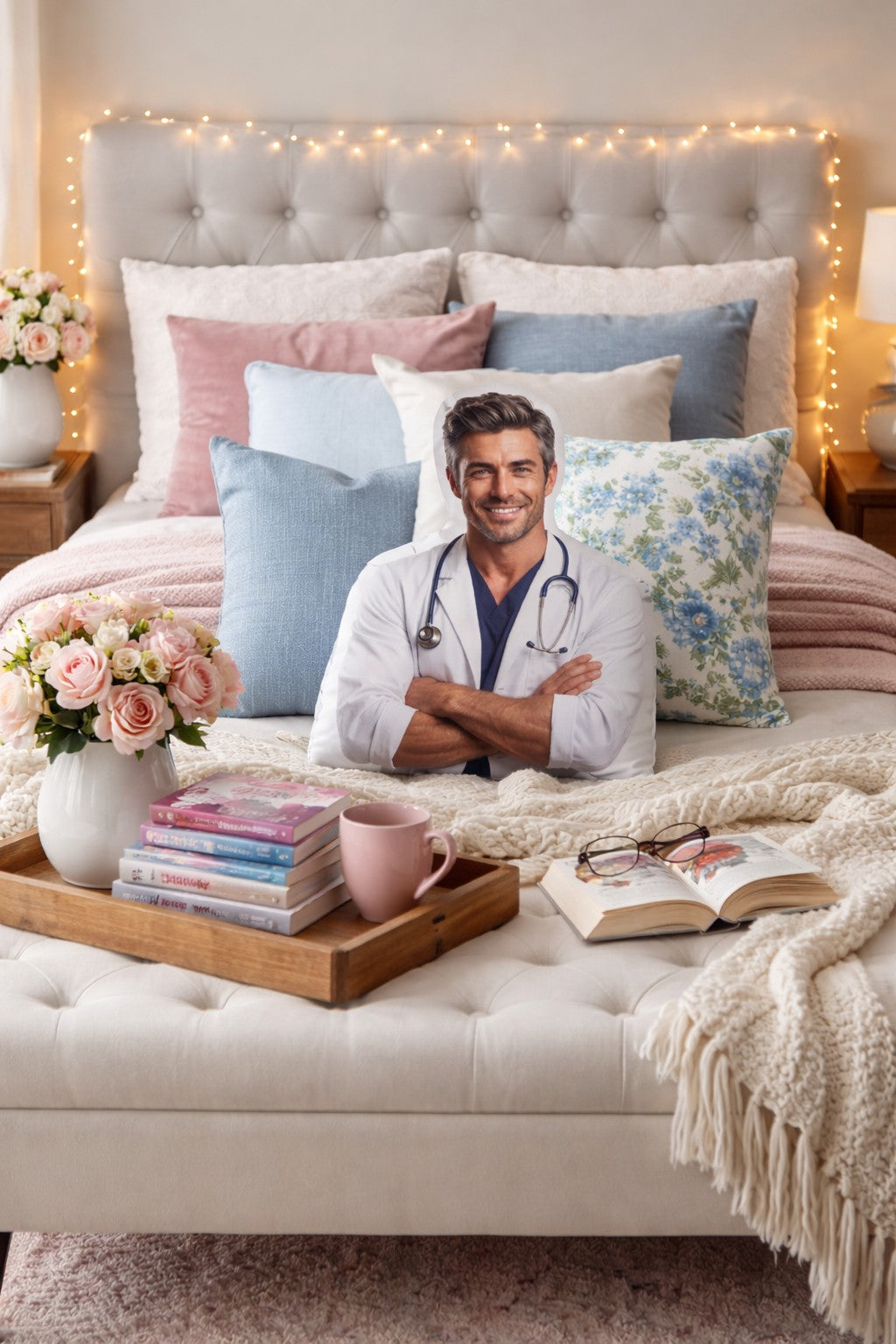 The Doctor medical romance book boyfriend pillow styled on a cozy bed surrounded by decorative throw pillows, soft blankets, romance novels, and warm bedroom lighting. The custom-shaped pillow features a handsome doctor in a lab coat with a stethoscope, creating a comforting, bookish bedroom setting designed for romance readers.