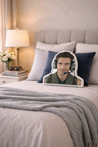 The Fighter Pilot military romance book boyfriend pillow styled on a softly made bed in a feminine, modern bedroom with a light upholstered headboard, crisp neutral bedding, accent pillows, and warm bedside lighting. The scene includes subtle aviation-inspired details and cozy textures, creating a space designed for women who love studly fighter pilot heroes and military romance novels.