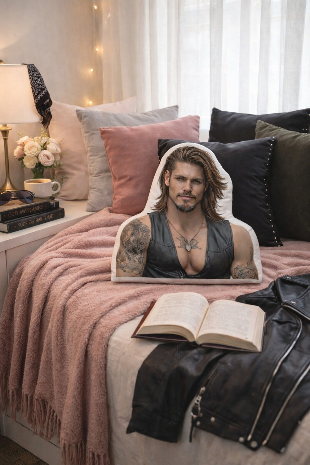 Romance reader’s cozy reading nook featuring a motorcycle outlaw book boyfriend pillow styled against soft neutral pillows, a light cozy blanket, and subtle bad-boy details, creating a warm “good girl with a weakness for bad boys” aesthetic.
