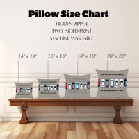 The image shows a "Pillow Size Chart" featuring four square pillows with this image displayed on a wooden bench against a white paneled wall. Pillow sizes range from 14" x 14" to 20" x 20". Also mentioned are a hidden zipper, two-sided print, and machine-washable.