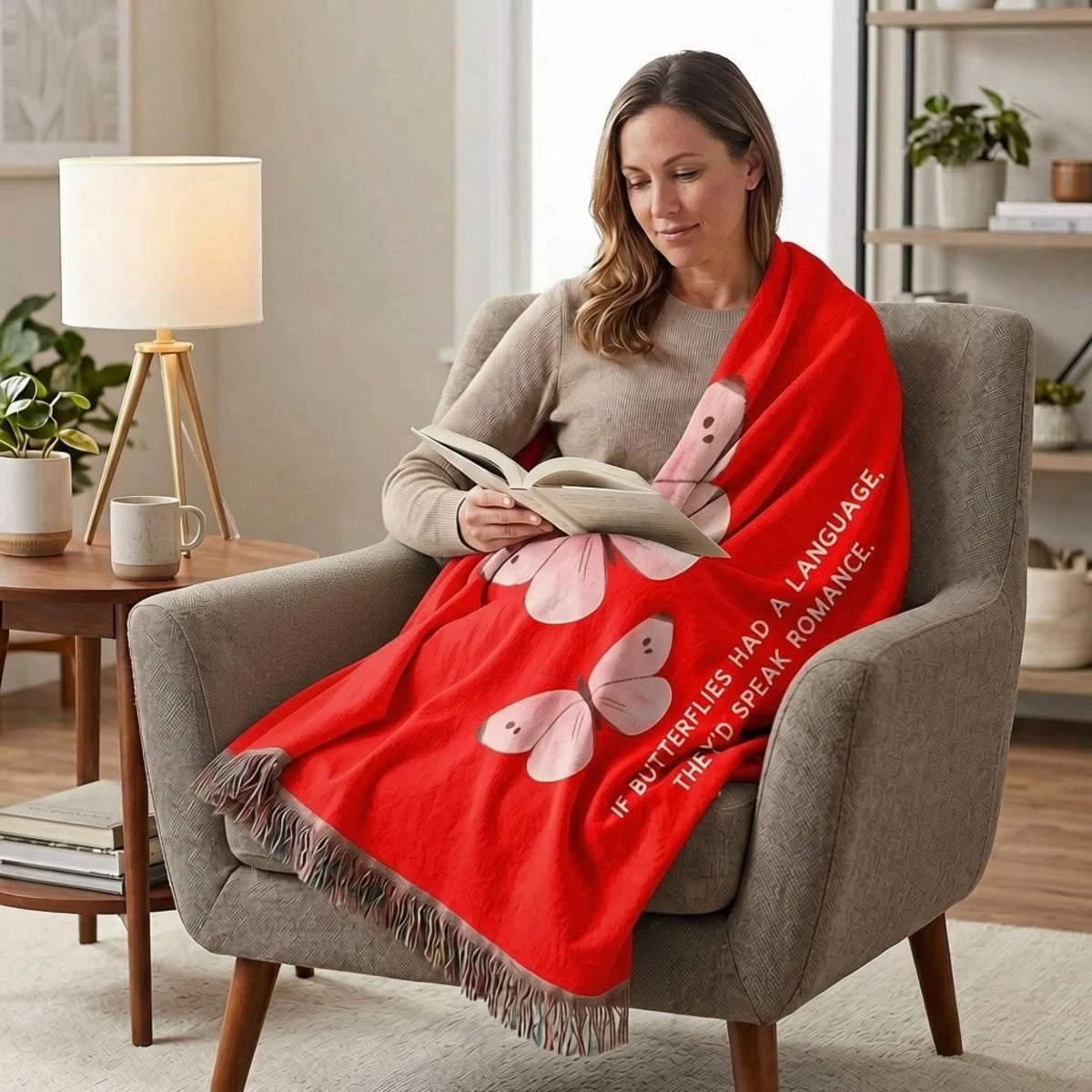 A woman sits in an armchair reading a book, wrapped in a bright red throw blanket featuring pink butterflies and white text that reads, 'IF BUTTERFLIES HAVE A LANGUAGE, THEY'D SPEAK RROMANCE.' 