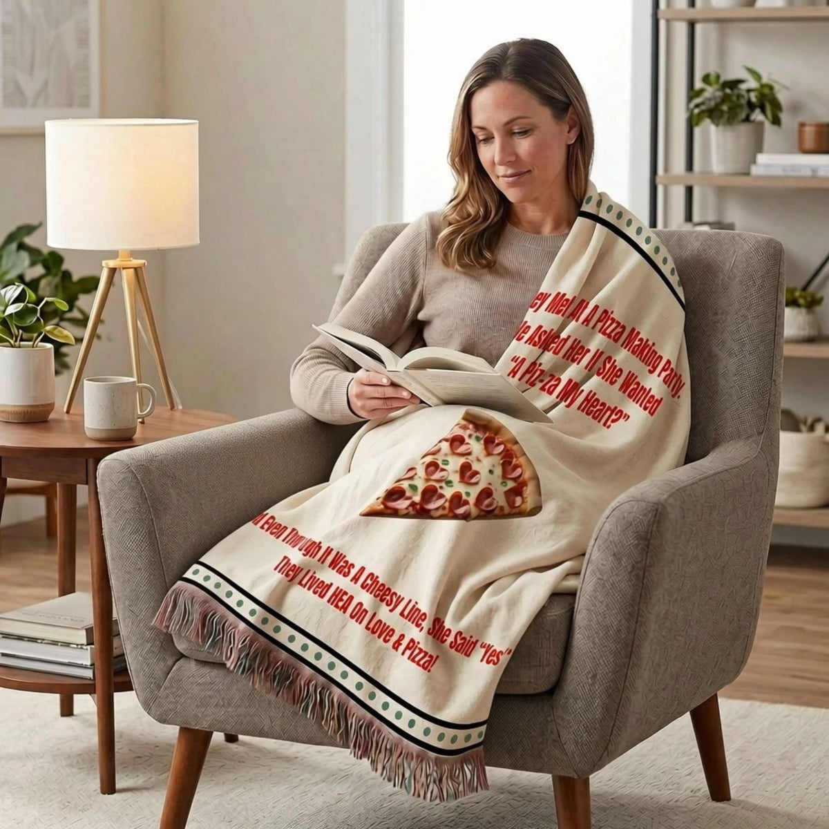 A woman sits in an armchair reading a book while wrapped in a cream throw blanket printed with red humerous pizza-themed text and a slice of pepperoni pizza graphic. 