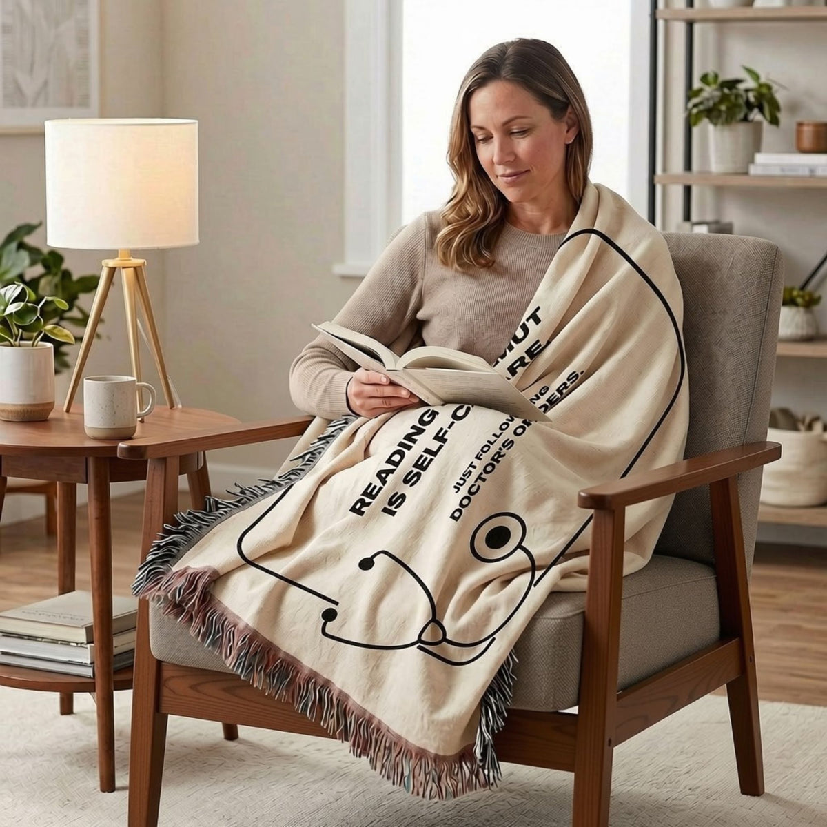 A woman sits in an armchair reading a book, wrapped in a cream throw blanket with black text and stethoscope graphics. The blanket reads, 'READING IS SELF-CARE' and 'DOCTORS MATTER.