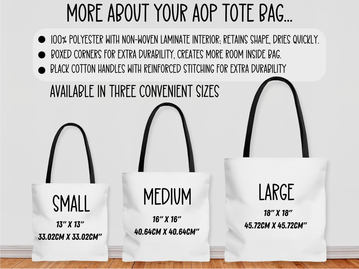 This is a sizing chart that displays all three sizes of the bags for easy reference. It includes measurements and bag features. The bags are displayed standing upright and lined up next to each other on the floor.