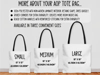 This is a sizing chart that displays all three sizes of the bags for easy reference. It includes measurements and bag features. The bags are displayed standing upright and lined up next to each other on the floor.