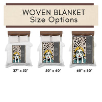 This is an image showing the three size options using miniature beds and miniature versions of the banket on the corresponding sized bed. The size options are 37" x 52", 50" x 60" and 60" x 80".