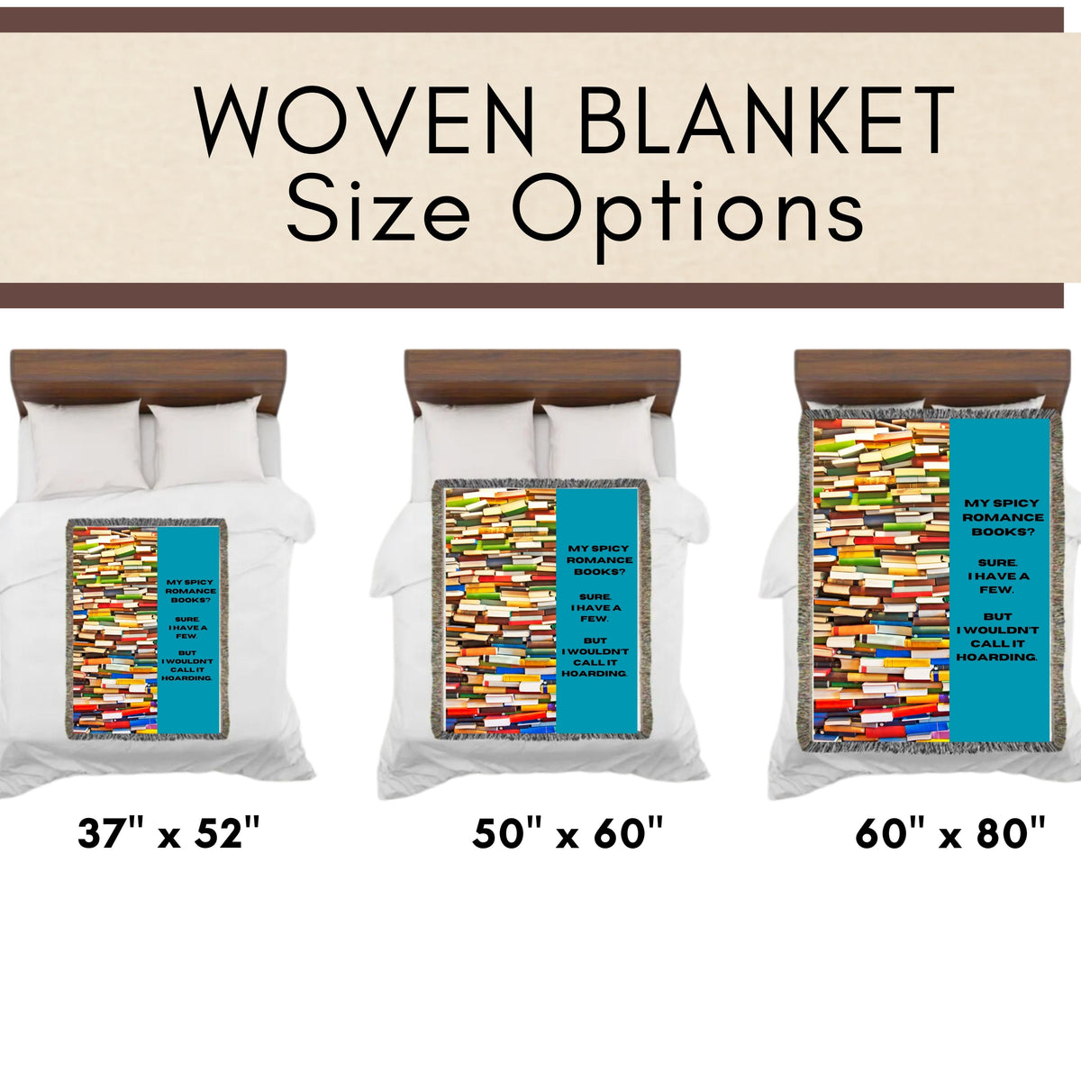 This is an image showing the three size options using miniature beds and miniature versions of the banket on the corresponding sized bed. The size options are 37" x 52", 50" x 60" and 60" x 80".