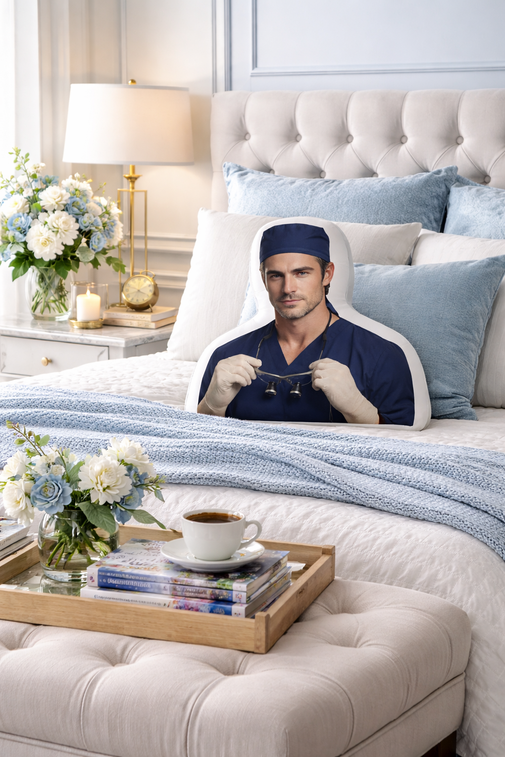 The Sexy Surgeon medical romance book boyfriend pillow styled on a neatly made bed with soft blue bedding, layered pillows, a tufted headboard, bedside lamp, flowers, and stacked books, creating a calm, upscale bedroom setting designed for romance readers who love polished, professional heroes.