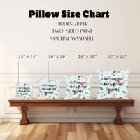 The image shows a "Pillow Size Chart" featuring four square pillows with this image displayed on a wooden bench against a white paneled wall. Pillow sizes range from 14" x 14" to 20" x 20". Also mentioned are a hidden zipper, two-sided print, and machine-washable.