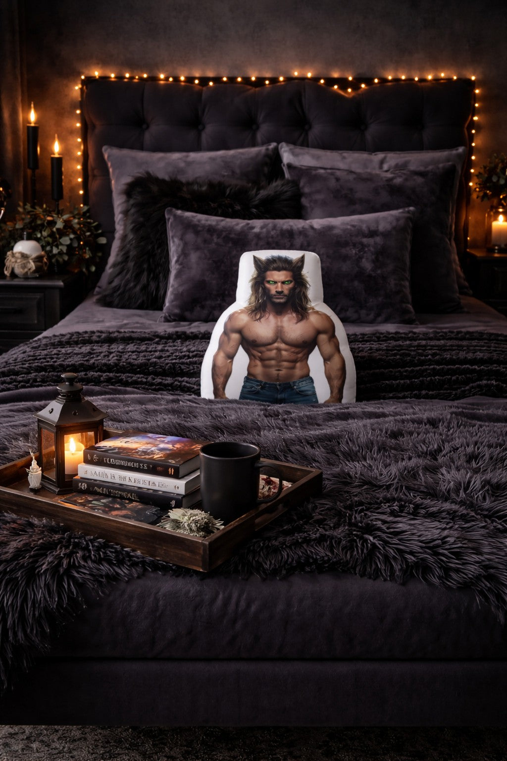 The Werewolf paranormal romance book boyfriend pillow styled on a dark, cozy bed with plush blankets, moody lighting, candles, and stacked books, creating a dramatic, gothic bedroom setting designed for romance readers who love shifter and paranormal romance.
