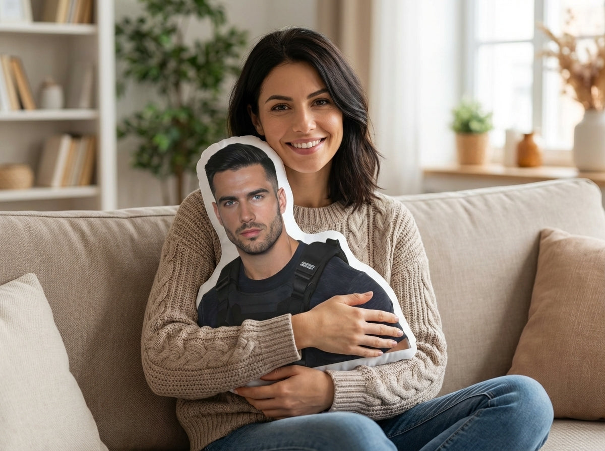 30's something woman sitting on a couch hugging a protector book boyfriend pillow, styled as cozy modern romance home decor for readers who love alpha heroes.